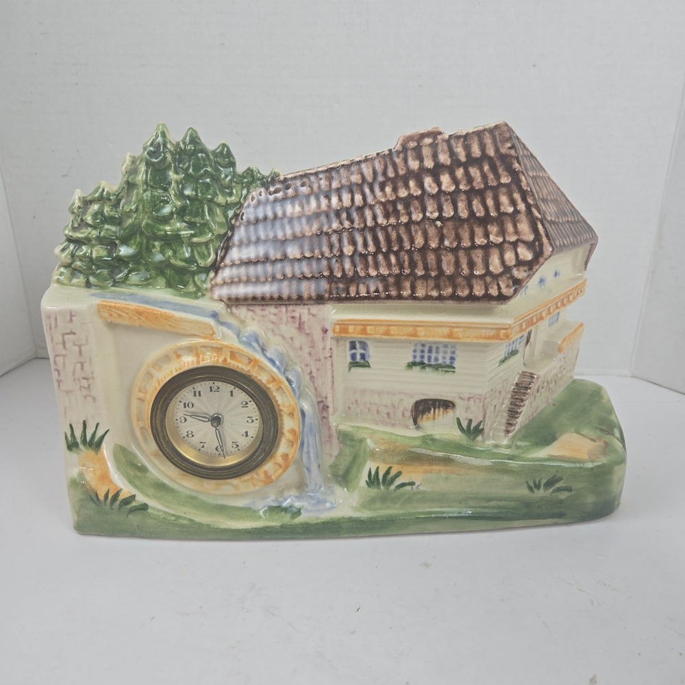Vtg 1950s German Watermill Mantel Clock Ceramic Alpine Scene 12x8x3 READ